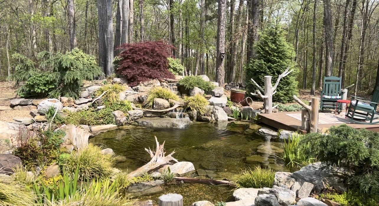 Custom pond and waterfall built by White's Waterscapes near Huntersville, NC